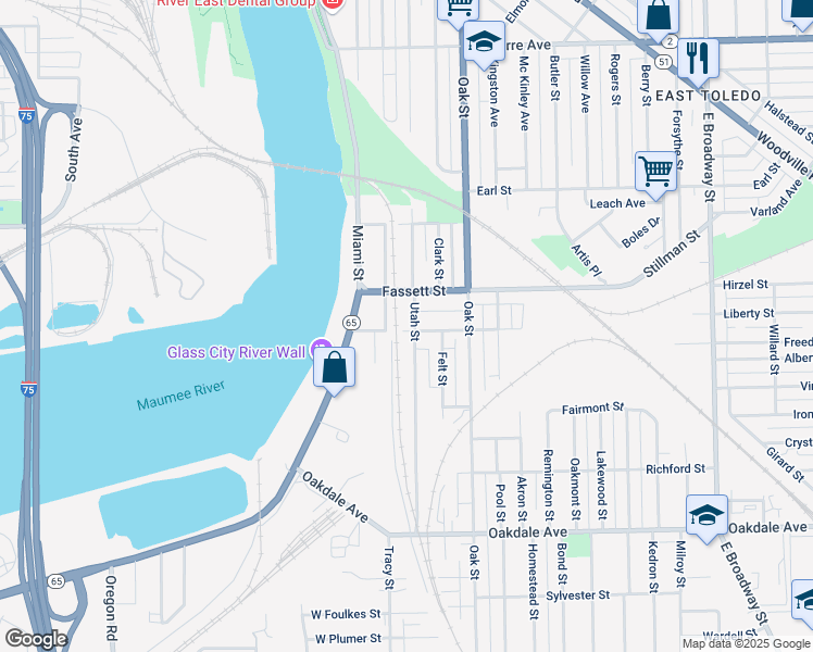 map of restaurants, bars, coffee shops, grocery stores, and more near 1230 Utah Street in Toledo