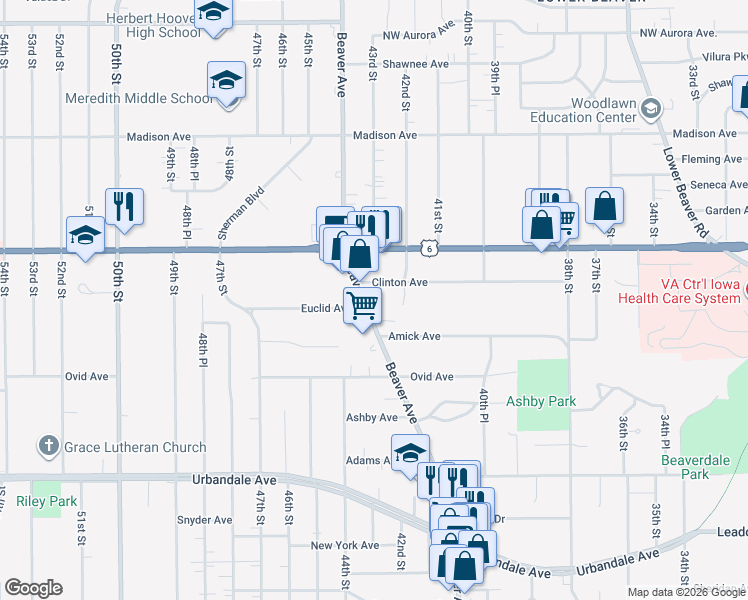 map of restaurants, bars, coffee shops, grocery stores, and more near 3601 Beaver Avenue in Des Moines