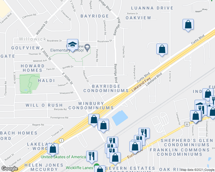 map of restaurants, bars, coffee shops, grocery stores, and more near 31700 Douglas Drive in Willowick