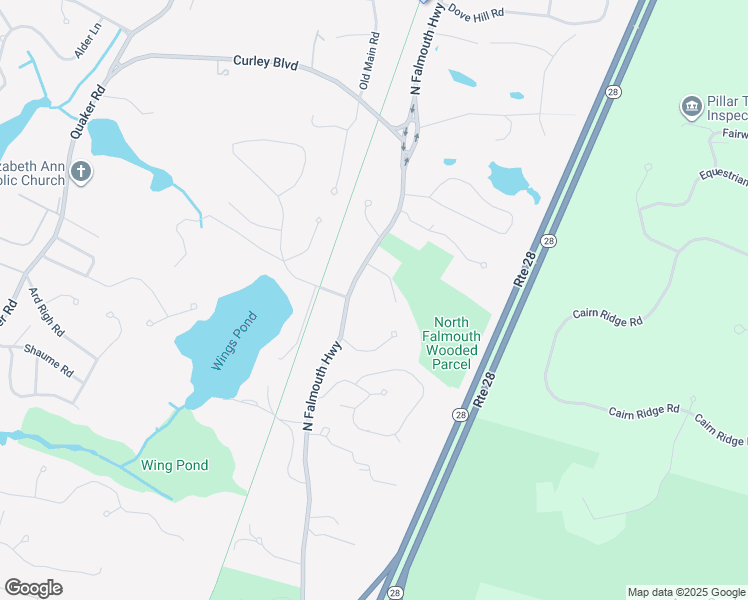map of restaurants, bars, coffee shops, grocery stores, and more near 195 North Falmouth Highway in Falmouth