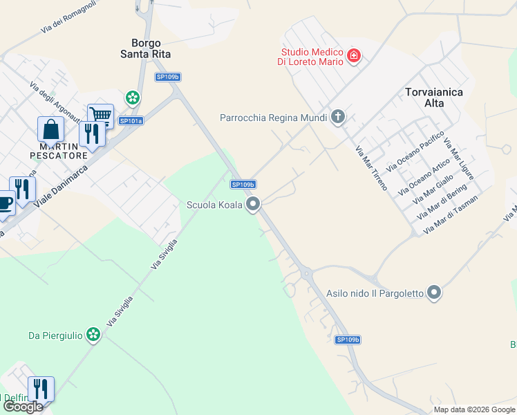 map of restaurants, bars, coffee shops, grocery stores, and more near 11 Via Campo Selva in Città metropolitana di Roma Capitale
