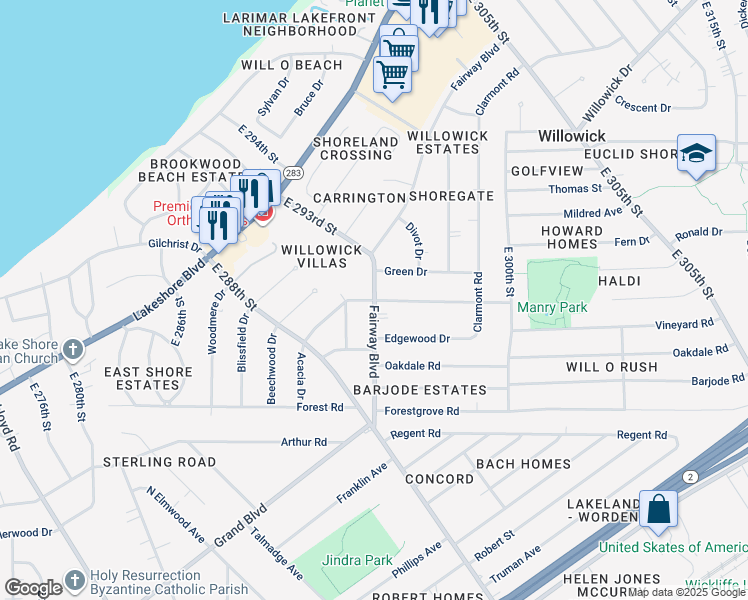 map of restaurants, bars, coffee shops, grocery stores, and more near 398 Fairway Boulevard in Willowick