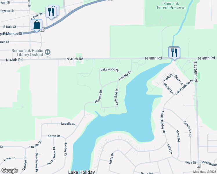 map of restaurants, bars, coffee shops, grocery stores, and more near 1205 Holiday Drive in Somonauk