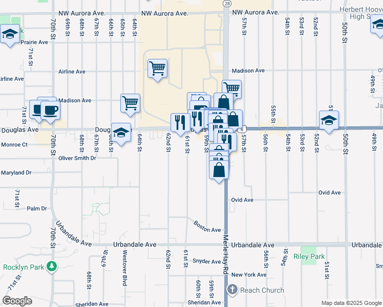 map of restaurants, bars, coffee shops, grocery stores, and more near 3601 61st Street in Des Moines
