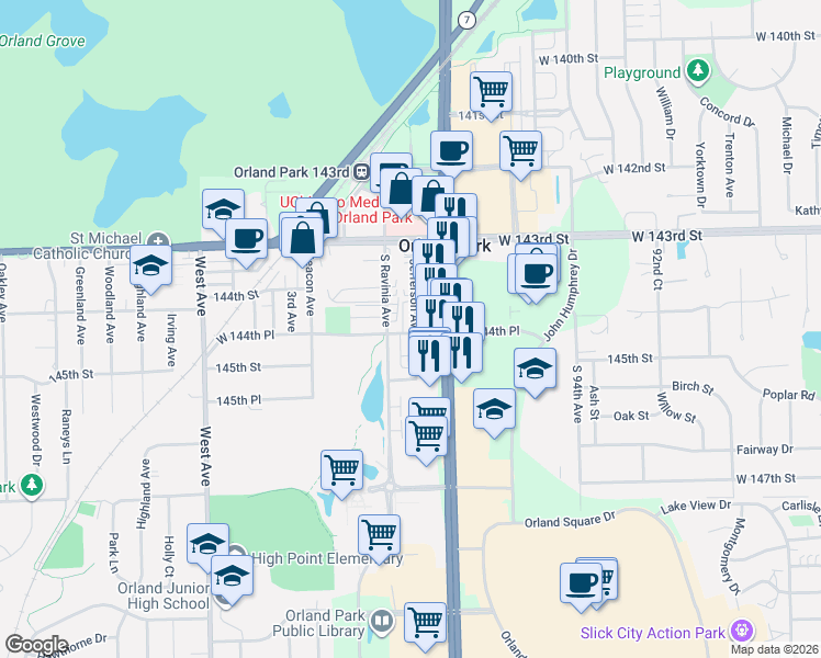 map of restaurants, bars, coffee shops, grocery stores, and more near 14439 Jefferson Avenue in Orland Park
