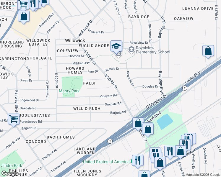 map of restaurants, bars, coffee shops, grocery stores, and more near 30412 Gebhart Place in Willowick