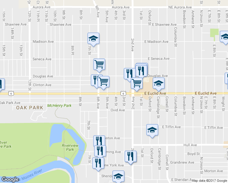 map of restaurants, bars, coffee shops, grocery stores, and more near 401 Euclid Avenue in Des Moines