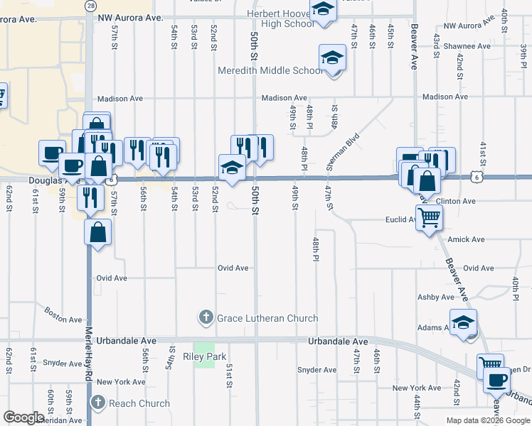 map of restaurants, bars, coffee shops, grocery stores, and more near 3615 50th Street in Des Moines