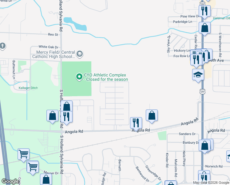 map of restaurants, bars, coffee shops, grocery stores, and more near Sudan Drive in Toledo