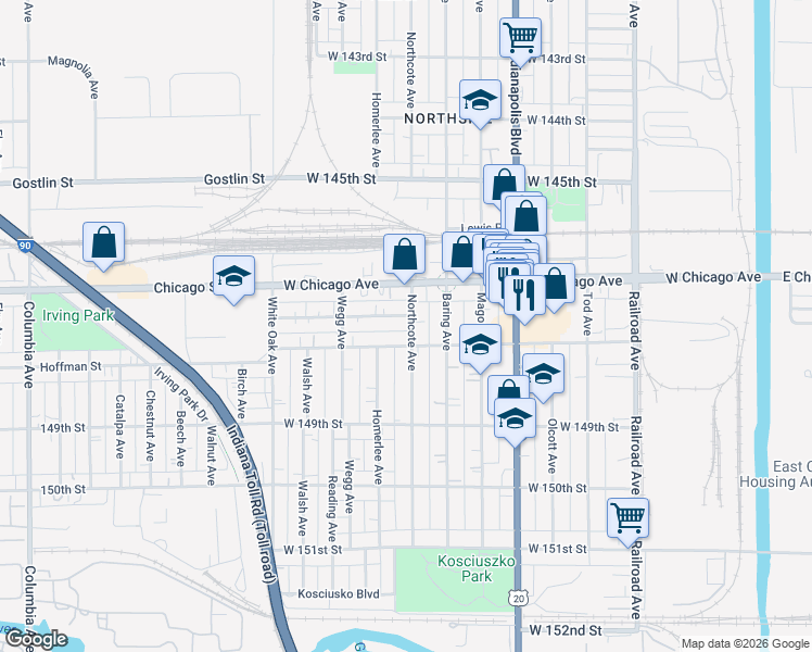map of restaurants, bars, coffee shops, grocery stores, and more near 4725 Northcote Avenue in East Chicago
