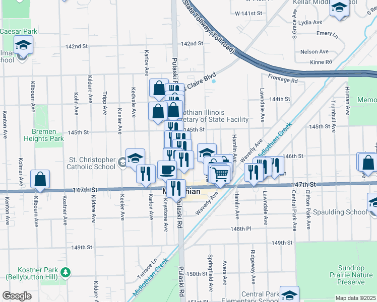 map of restaurants, bars, coffee shops, grocery stores, and more near 14540 Harding Avenue in Midlothian