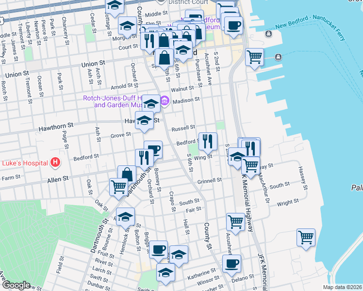 map of restaurants, bars, coffee shops, grocery stores, and more near 64-66 Bedford Street in New Bedford