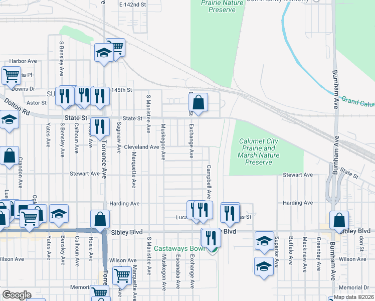 map of restaurants, bars, coffee shops, grocery stores, and more near 1103 Cleveland Avenue in Calumet City