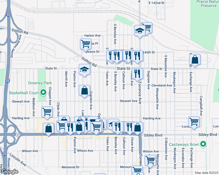 map of restaurants, bars, coffee shops, grocery stores, and more near 323 Yates Avenue in Calumet City