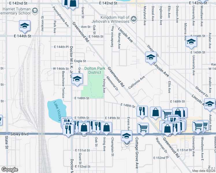 map of restaurants, bars, coffee shops, grocery stores, and more near 14648 Memorial Drive in Dolton