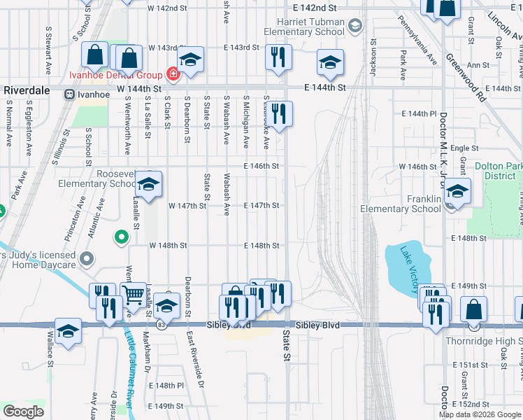 map of restaurants, bars, coffee shops, grocery stores, and more near 14701 South Edbrooke Avenue in Dolton