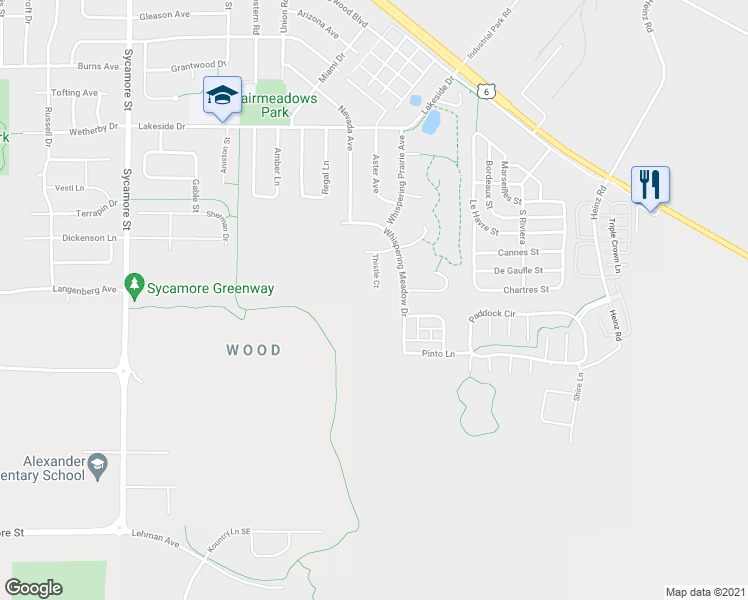 map of restaurants, bars, coffee shops, grocery stores, and more near 77 Thistle Court in Iowa City