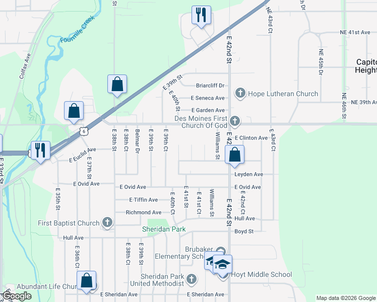 map of restaurants, bars, coffee shops, grocery stores, and more near 3608 East 41st Street in Des Moines