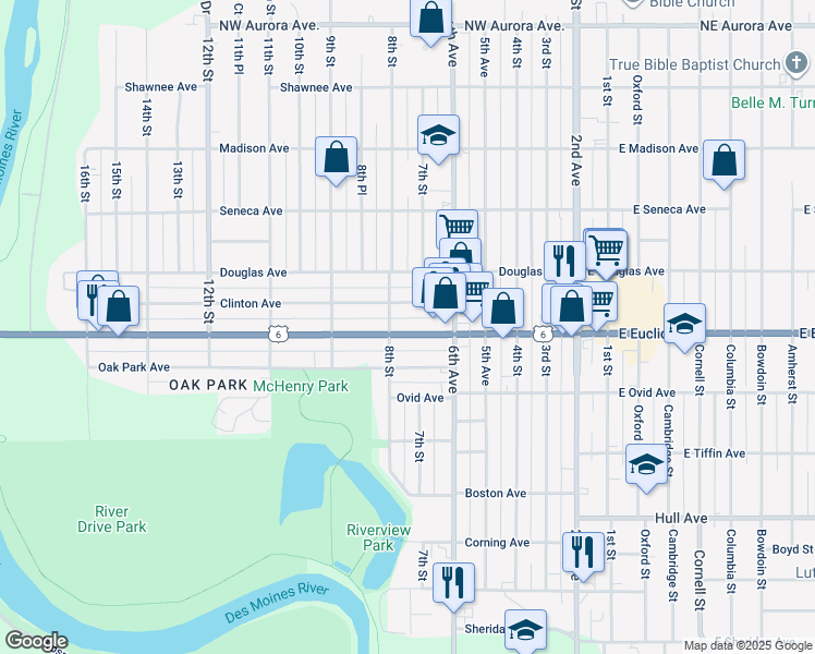 map of restaurants, bars, coffee shops, grocery stores, and more near 721 Euclid Avenue in Des Moines