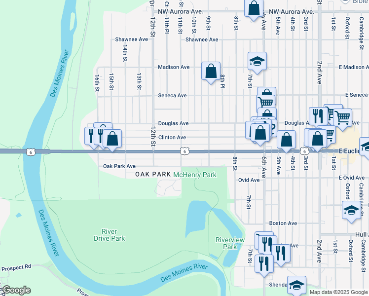 map of restaurants, bars, coffee shops, grocery stores, and more near 1015 Euclid Avenue in Des Moines