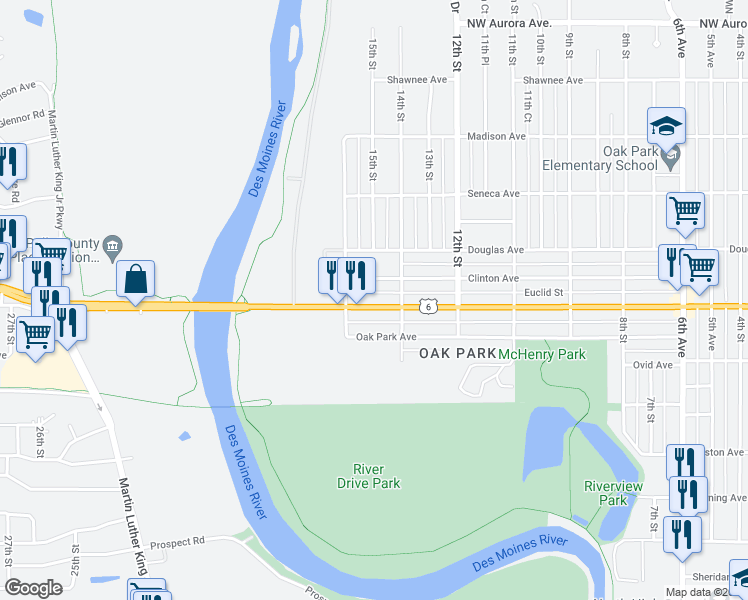 map of restaurants, bars, coffee shops, grocery stores, and more near 1415 Euclid Avenue in Des Moines