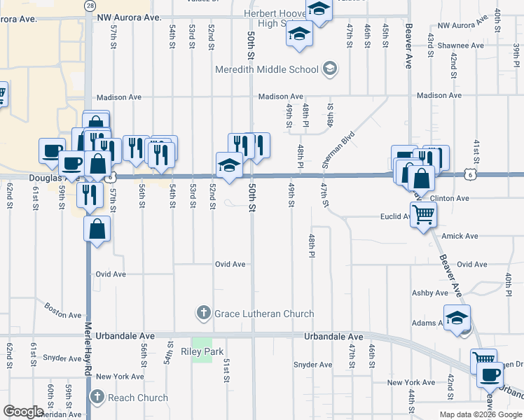 map of restaurants, bars, coffee shops, grocery stores, and more near 3615 50th Street in Des Moines