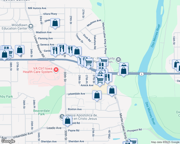 map of restaurants, bars, coffee shops, grocery stores, and more near 2713 Euclid Avenue in Des Moines