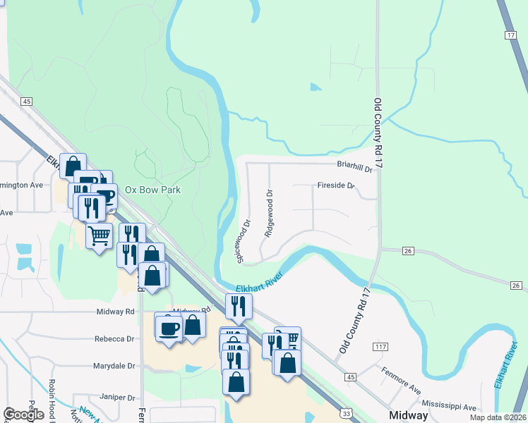 map of restaurants, bars, coffee shops, grocery stores, and more near 59637 Ridgewood Drive in Goshen