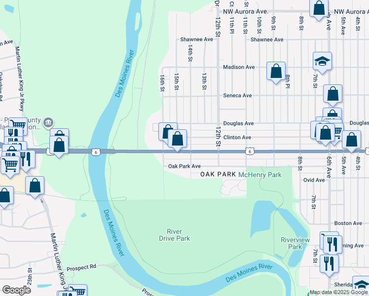 map of restaurants, bars, coffee shops, grocery stores, and more near 1415 Euclid Avenue in Des Moines