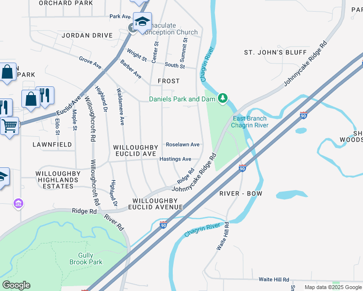 map of restaurants, bars, coffee shops, grocery stores, and more near 38268 Roselawn Avenue in Willoughby