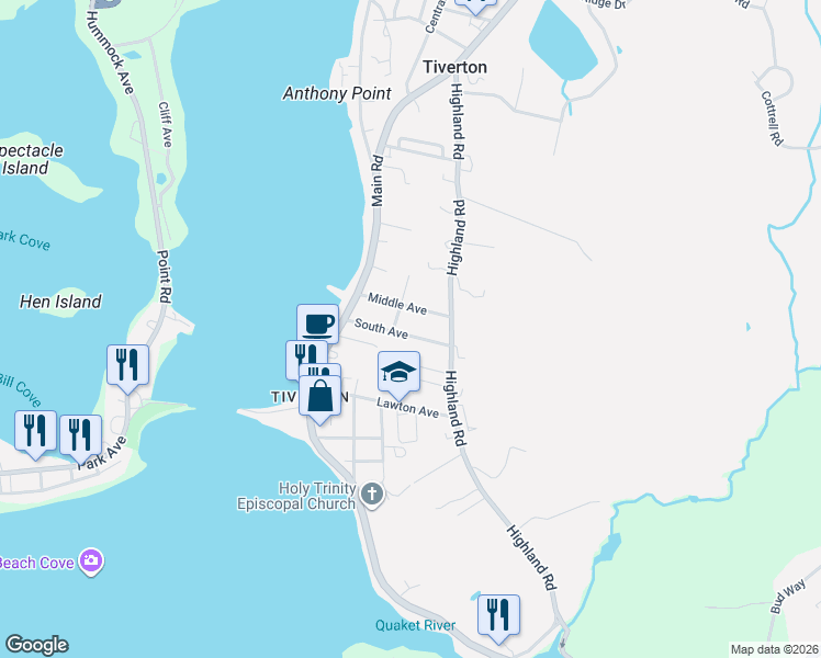 map of restaurants, bars, coffee shops, grocery stores, and more near 68 South Avenue in Tiverton