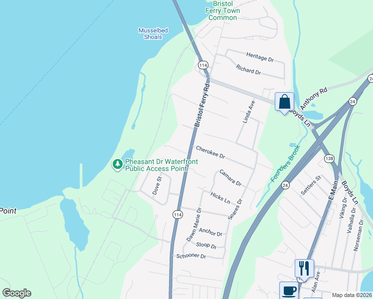 map of restaurants, bars, coffee shops, grocery stores, and more near 25 Miller Road in Portsmouth