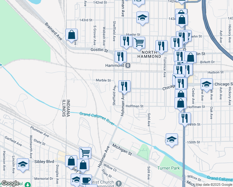map of restaurants, bars, coffee shops, grocery stores, and more near 4712 Hohman Avenue in Hammond