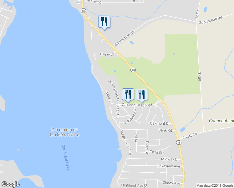 map of restaurants, bars, coffee shops, grocery stores, and more near 11850 Morningshore Drive in Conneaut Lake