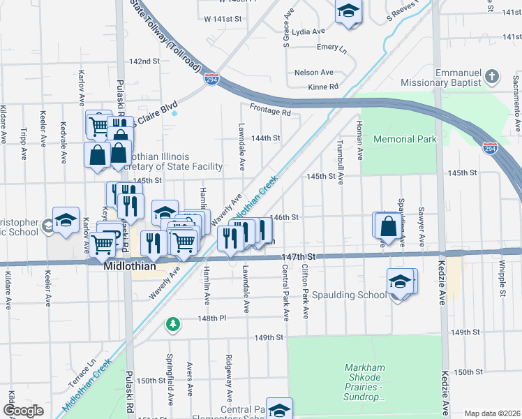 map of restaurants, bars, coffee shops, grocery stores, and more near 14574 Abbottsford Road in Midlothian