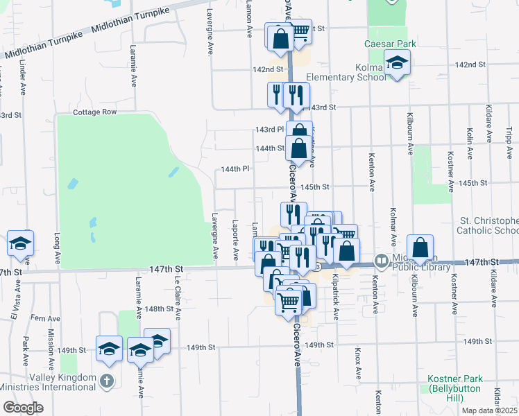 map of restaurants, bars, coffee shops, grocery stores, and more near 14533 Lamon Avenue in Midlothian
