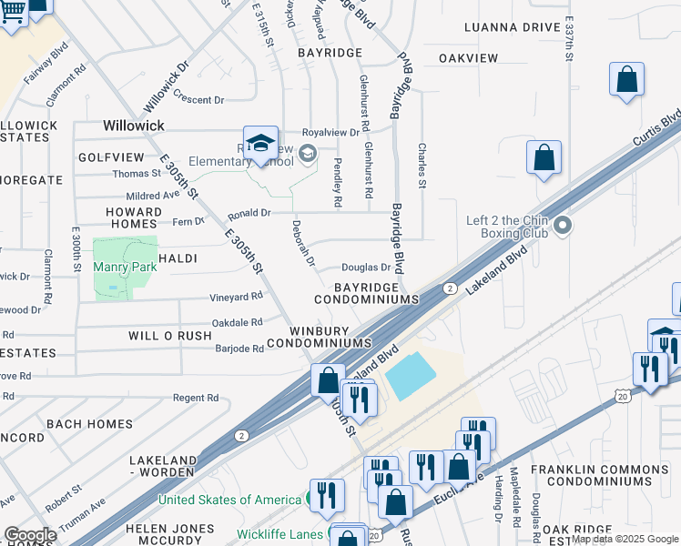 map of restaurants, bars, coffee shops, grocery stores, and more near 31508 Douglas Drive in Willowick