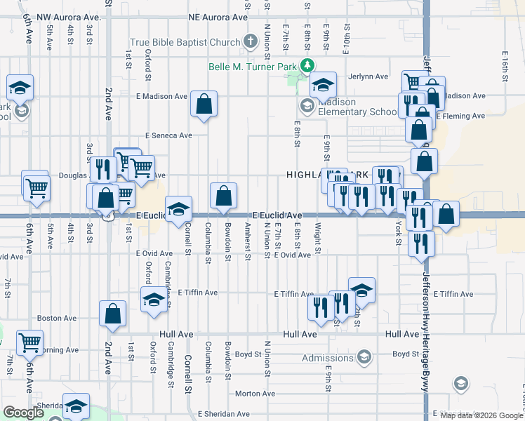 map of restaurants, bars, coffee shops, grocery stores, and more near 616 East Euclid Avenue in Des Moines