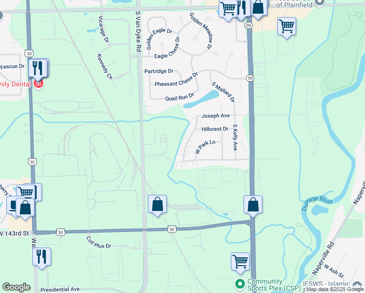 map of restaurants, bars, coffee shops, grocery stores, and more near 14000 Marybrook Drive in Plainfield
