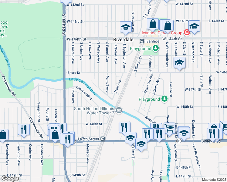 map of restaurants, bars, coffee shops, grocery stores, and more near 14342 Normal Avenue in Harvey