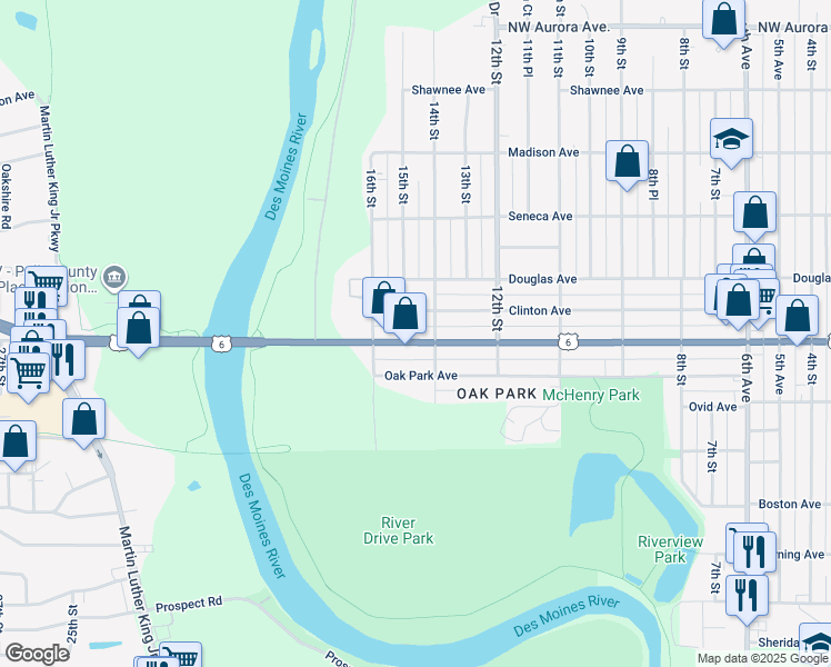 map of restaurants, bars, coffee shops, grocery stores, and more near 1415 Euclid Avenue in Des Moines