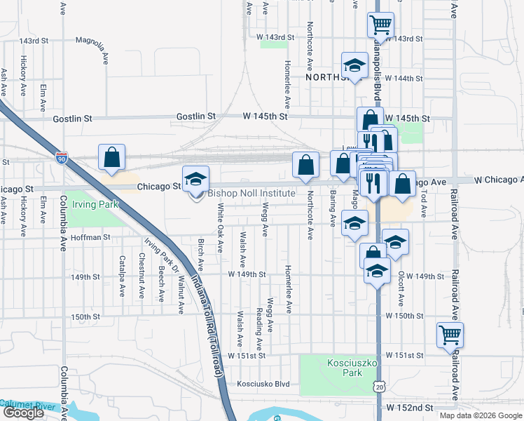 map of restaurants, bars, coffee shops, grocery stores, and more near 1201 Beacon Street in East Chicago