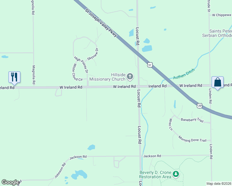 map of restaurants, bars, coffee shops, grocery stores, and more near 21500-21814 West Ireland Road in South Bend