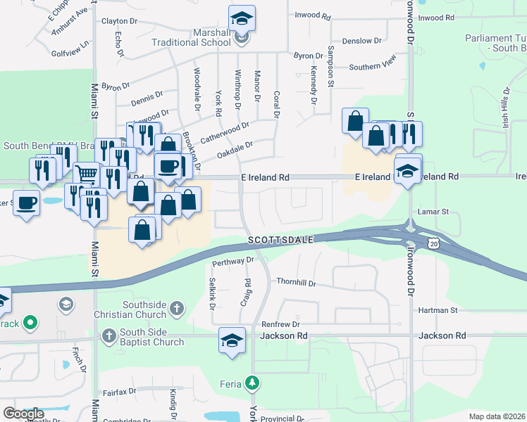 map of restaurants, bars, coffee shops, grocery stores, and more near 4602 Crawford Court in South Bend