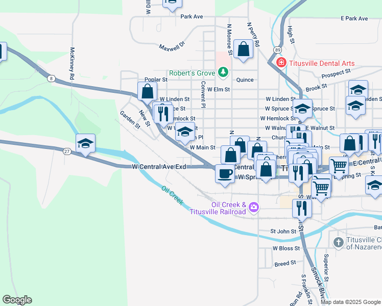 map of restaurants, bars, coffee shops, grocery stores, and more near Spring Street in Titusville