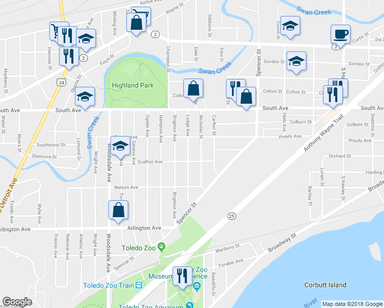 map of restaurants, bars, coffee shops, grocery stores, and more near 635 Lodge Avenue in Toledo