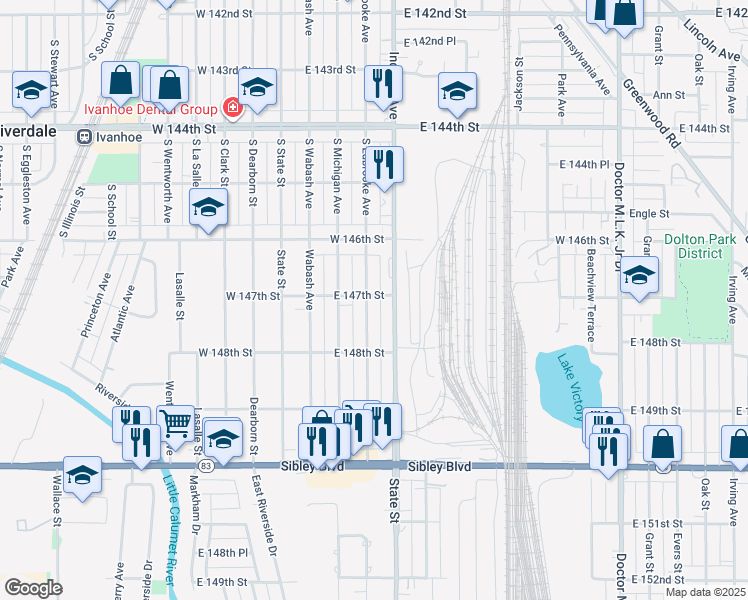 map of restaurants, bars, coffee shops, grocery stores, and more near 14701 South Edbrooke Avenue in Dolton
