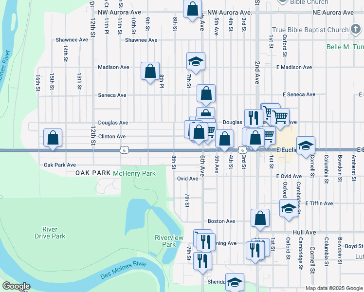 map of restaurants, bars, coffee shops, grocery stores, and more near 721 Euclid Avenue in Des Moines
