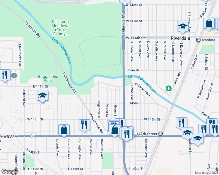 map of restaurants, bars, coffee shops, grocery stores, and more near 226 Calumet Boulevard in Harvey