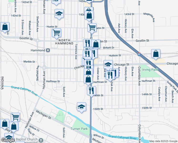 map of restaurants, bars, coffee shops, grocery stores, and more near 4723 Calumet Ave in Hammond